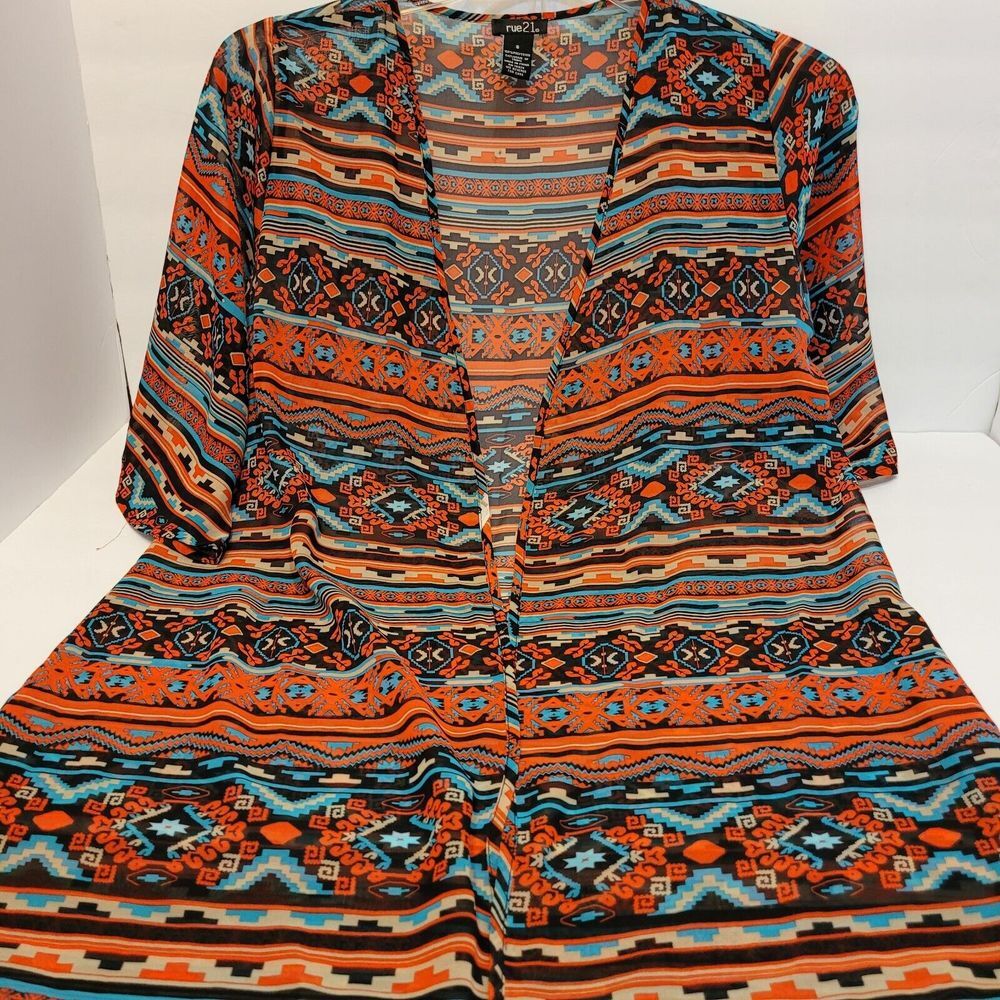 rue21 Kimono Cardigan Womens Small Orange Southwestern Geometric Open Front Exc